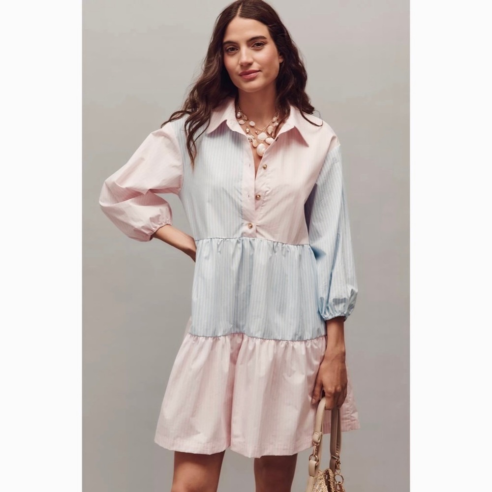 Anthropologie Pastel Pink and Light Blue Tiered Striped Shirt Dress